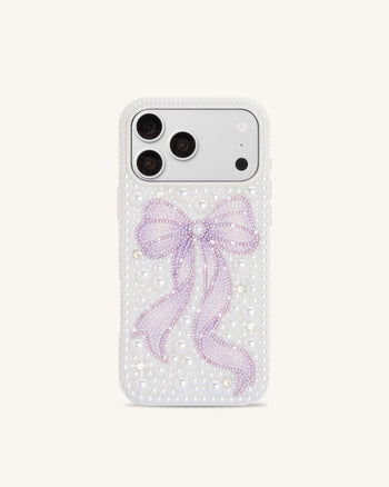 Pearl 人工クリスタル ボウ スマホケース - ホワイト
