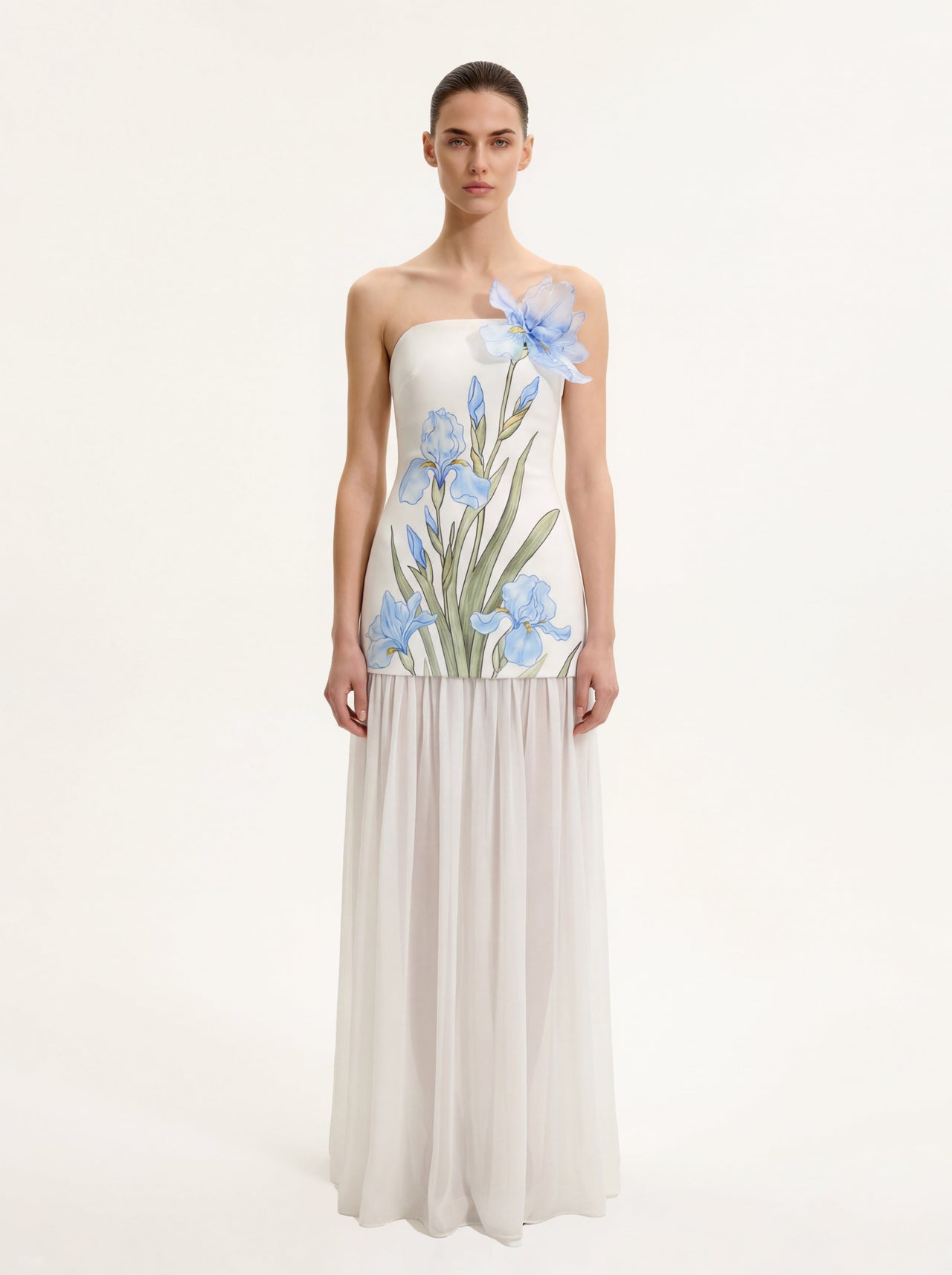 花柄ワンショルダーマキシドレス - ホワイト