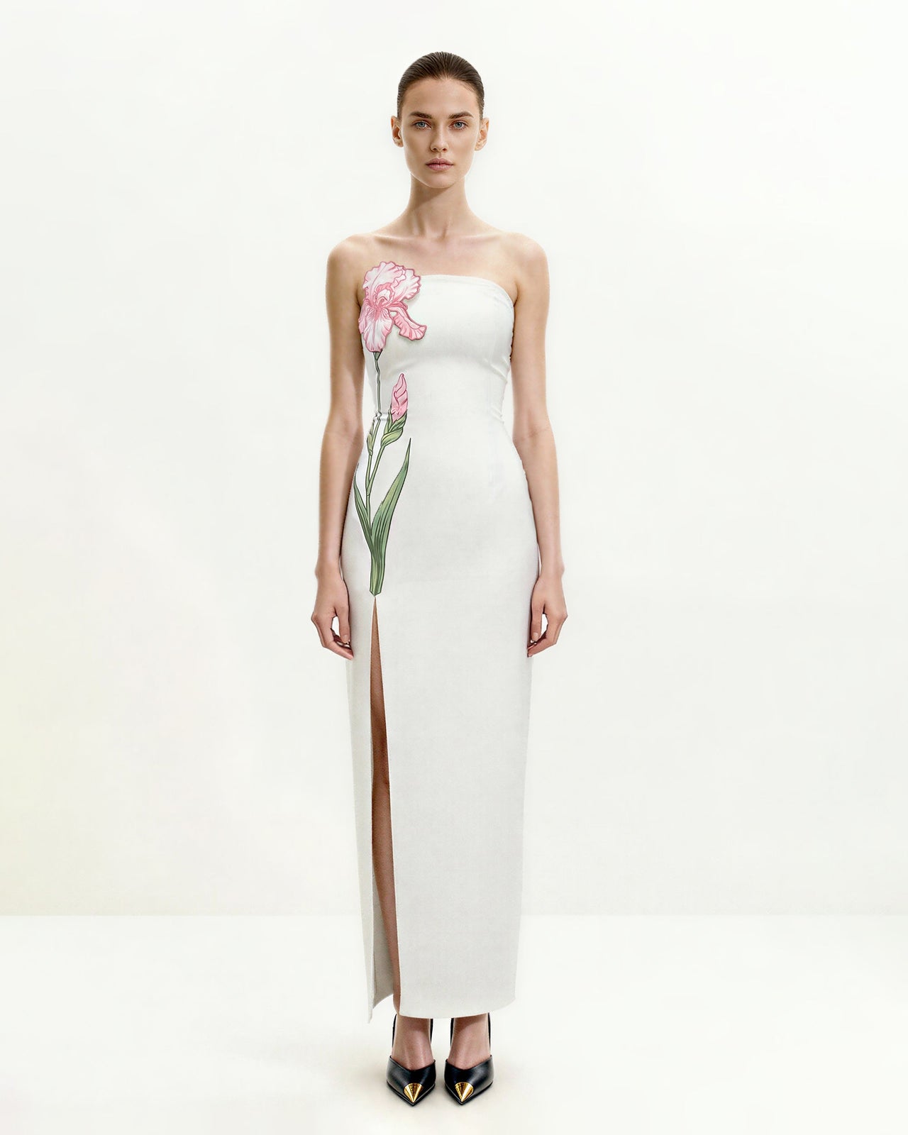 花柄ストラップレスマキシドレス - ホワイト