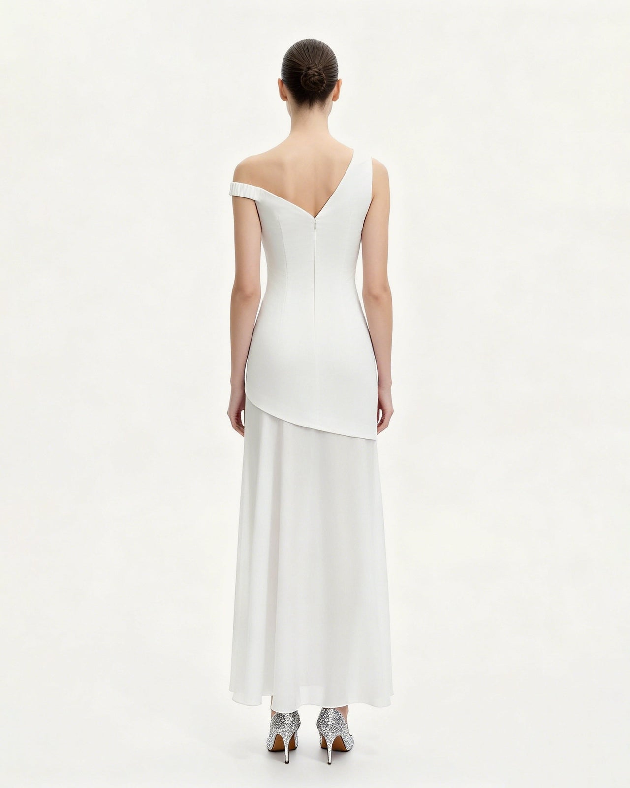 花柄アシンメトリーマキシドレス - ホワイト