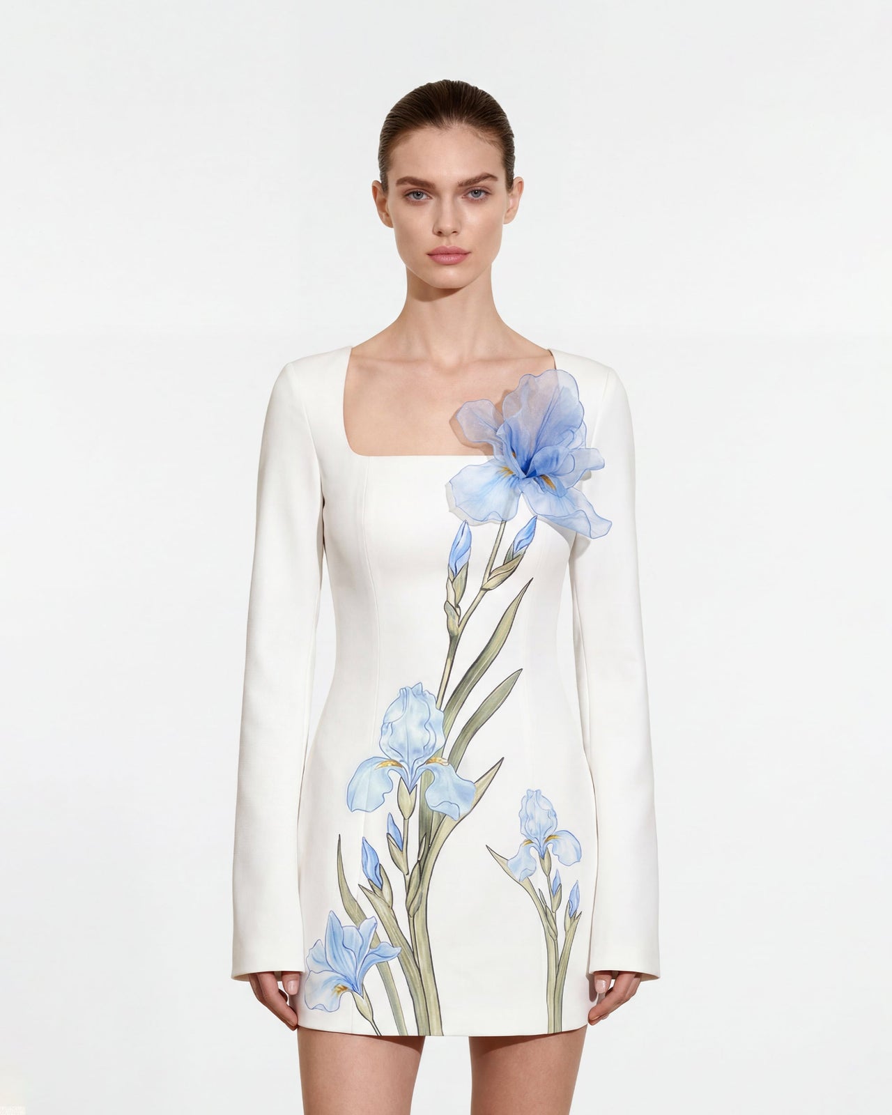 花柄プリントボディコンドレス - ホワイト