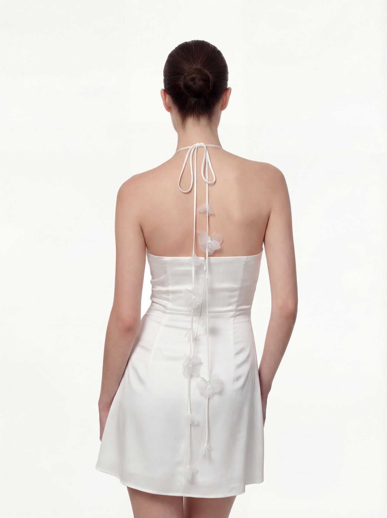 花柄 ギャザー ホルターネック ミニ丈ドレス - ホワイト