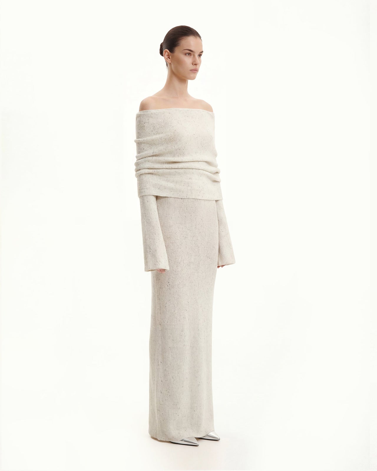 ニット オフショルダー マキシドレス - クリーム