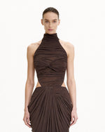 ルーシュ ツイストフロント ホルター ボディスーツ - ブラウン