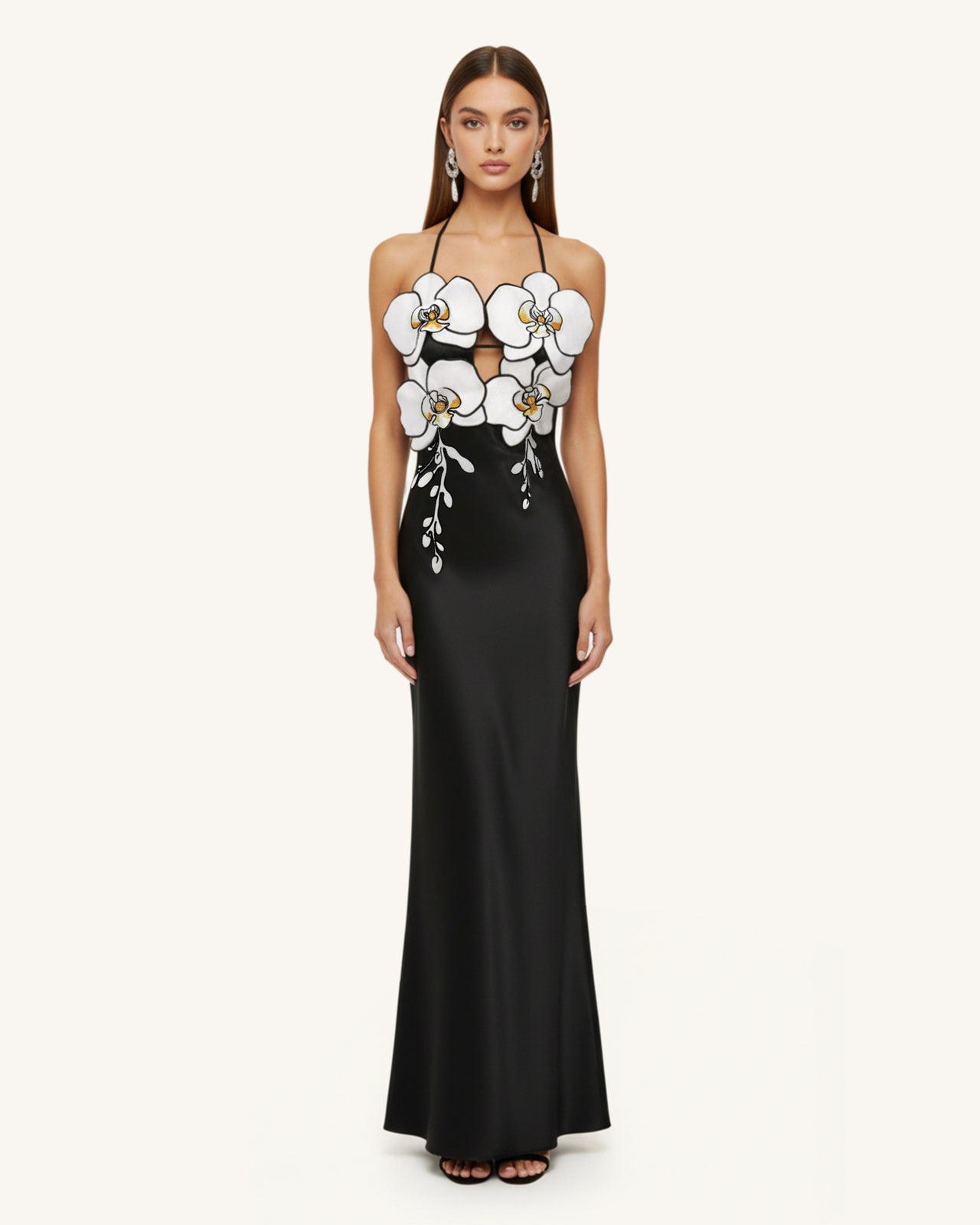 オーキッド刺繍ドレス - ブラック/ホワイト