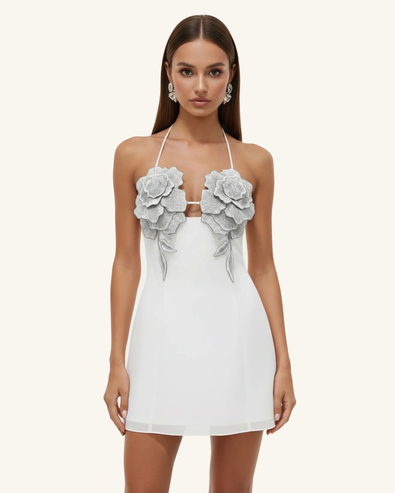 花刺繍ミニドレス - ホワイト