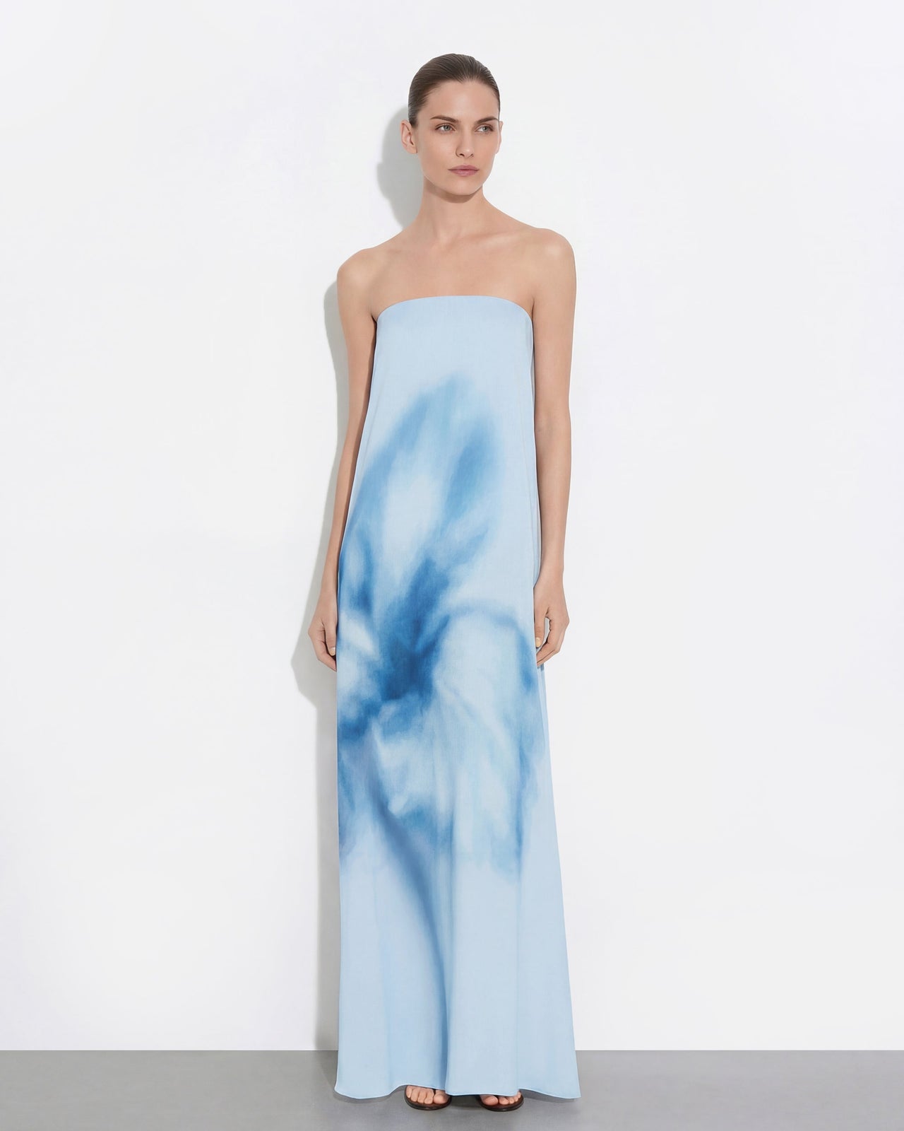 水彩花柄 チューブトップ マキシドレス - ブルー