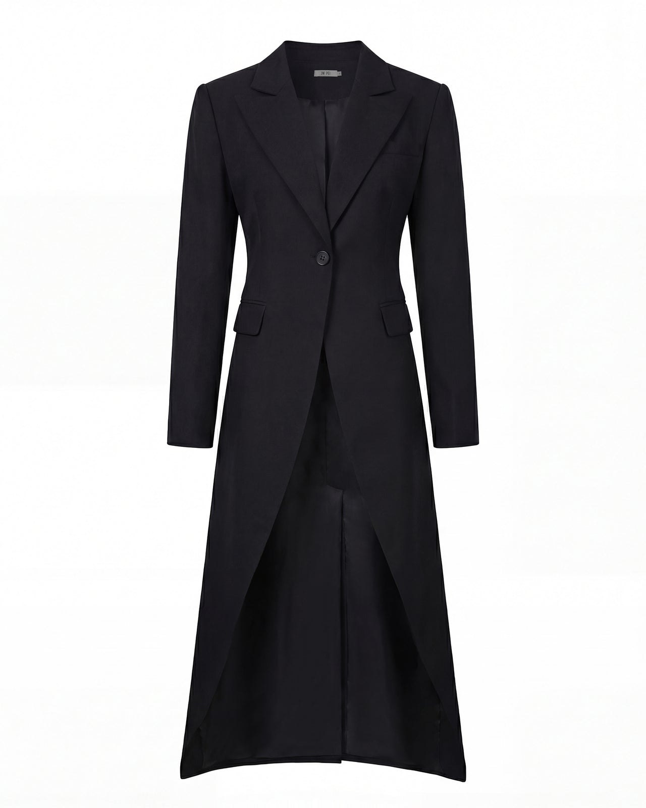 構造的ピークドラペルカッタウェイマキシ丈ブレザー - ブラック