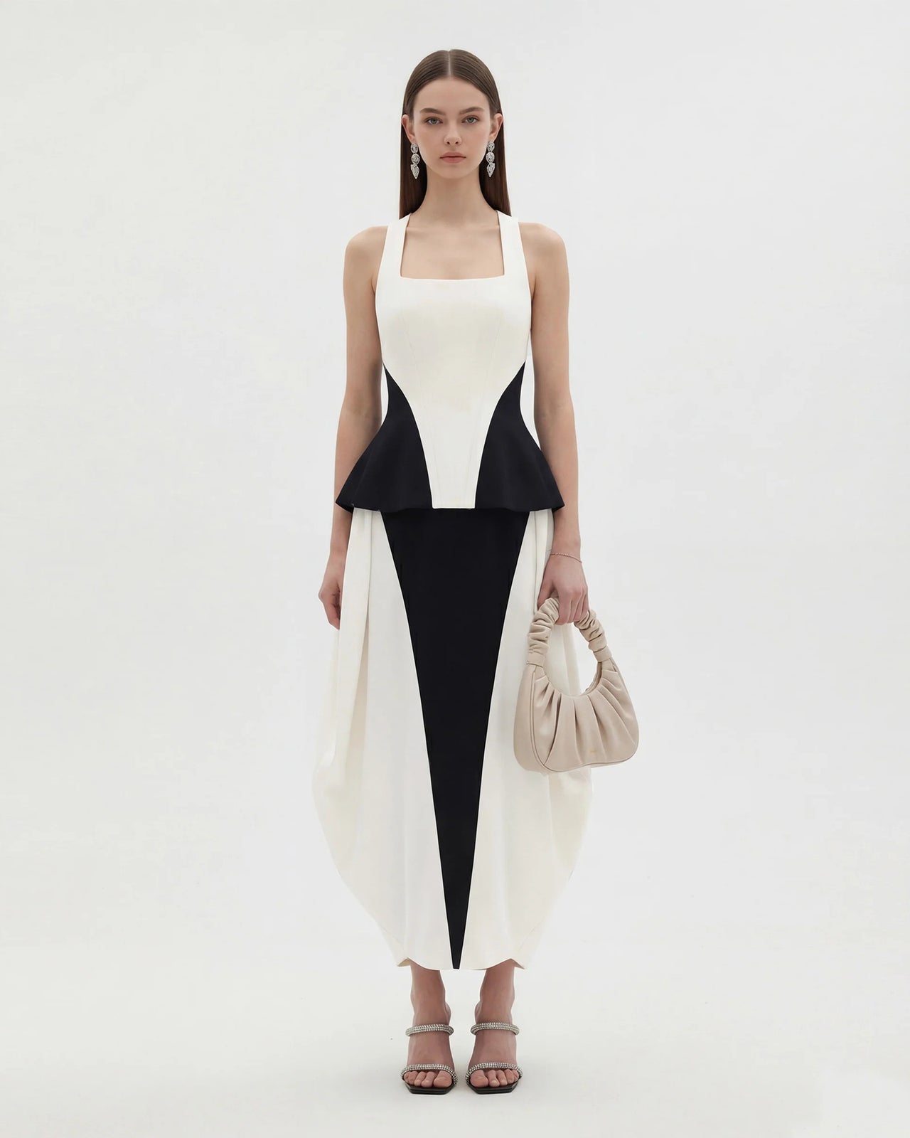 モノクロパネルデザインスクエアネックペプラムトップ - ブラック