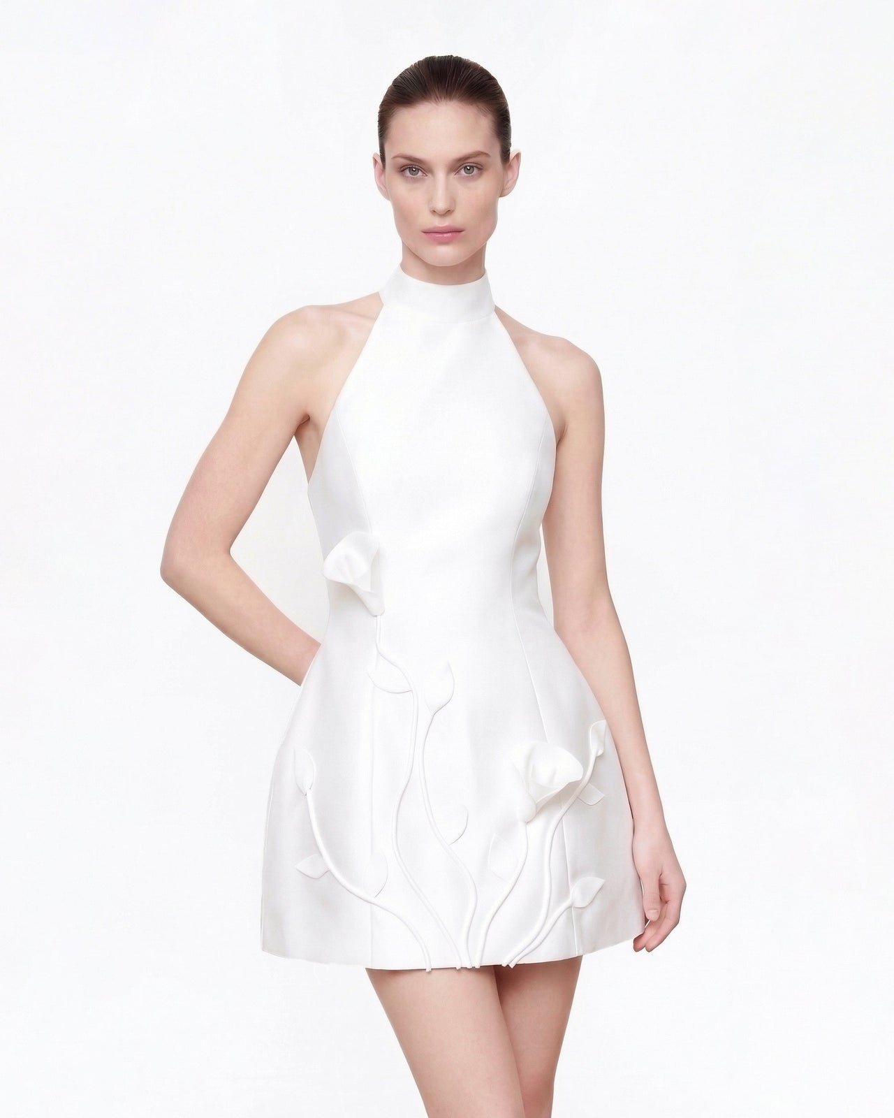 3Dフローラル ホルターネック ミニドレス - ホワイト