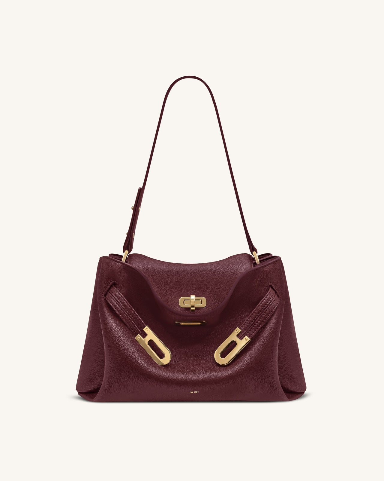 Rhea ペブルド ダブルバックル ショルダーバッグ - ダークバーガンディ