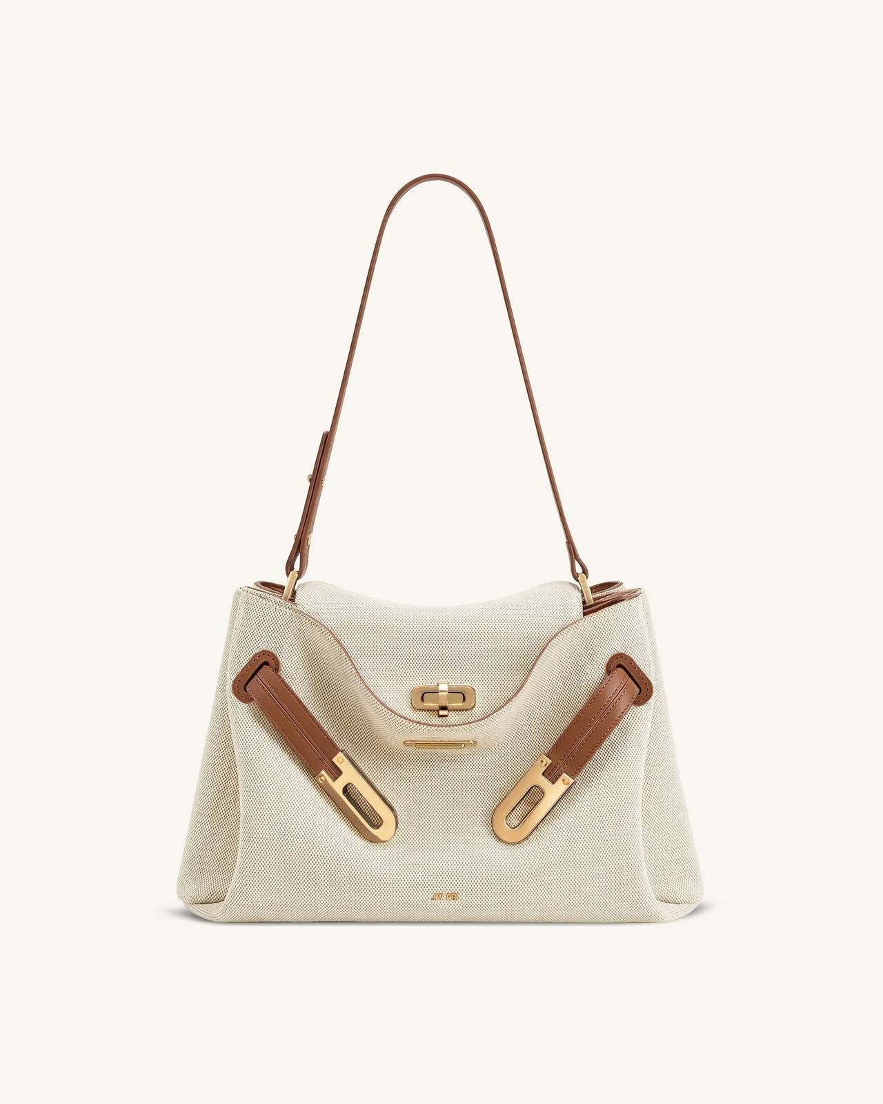 Rhea ダブルバックル ショルダーバッグ - ブラウンキャンバス