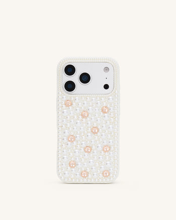 Pearl 装飾付き スマホケース - ホワイト