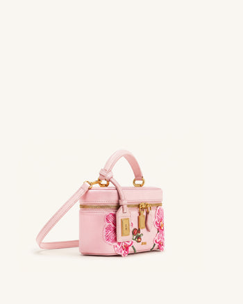 Cleo 刺繍入り ボックス型 トップハンドルバッグ - サクラピンク