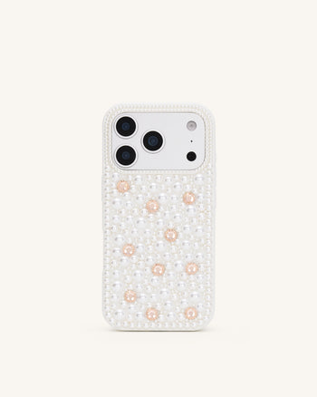 Pearl 装飾付き スマホケース - ホワイト