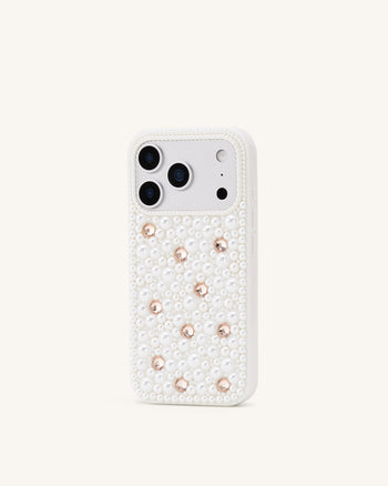 Pearl 装飾付き スマホケース - ホワイト