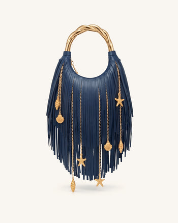 Chloe メタルハンドル フリンジトップハンドバッグ - ネイビーブルー