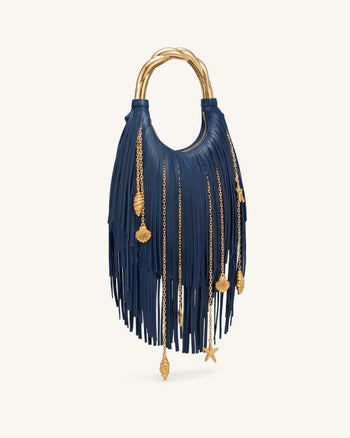 Chloe メタルハンドル フリンジトップハンドバッグ - ネイビーブルー