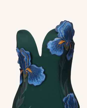 Iris 刺繍 ノッチネック ストラップレス マキシドレス - エメラルドグリーン
