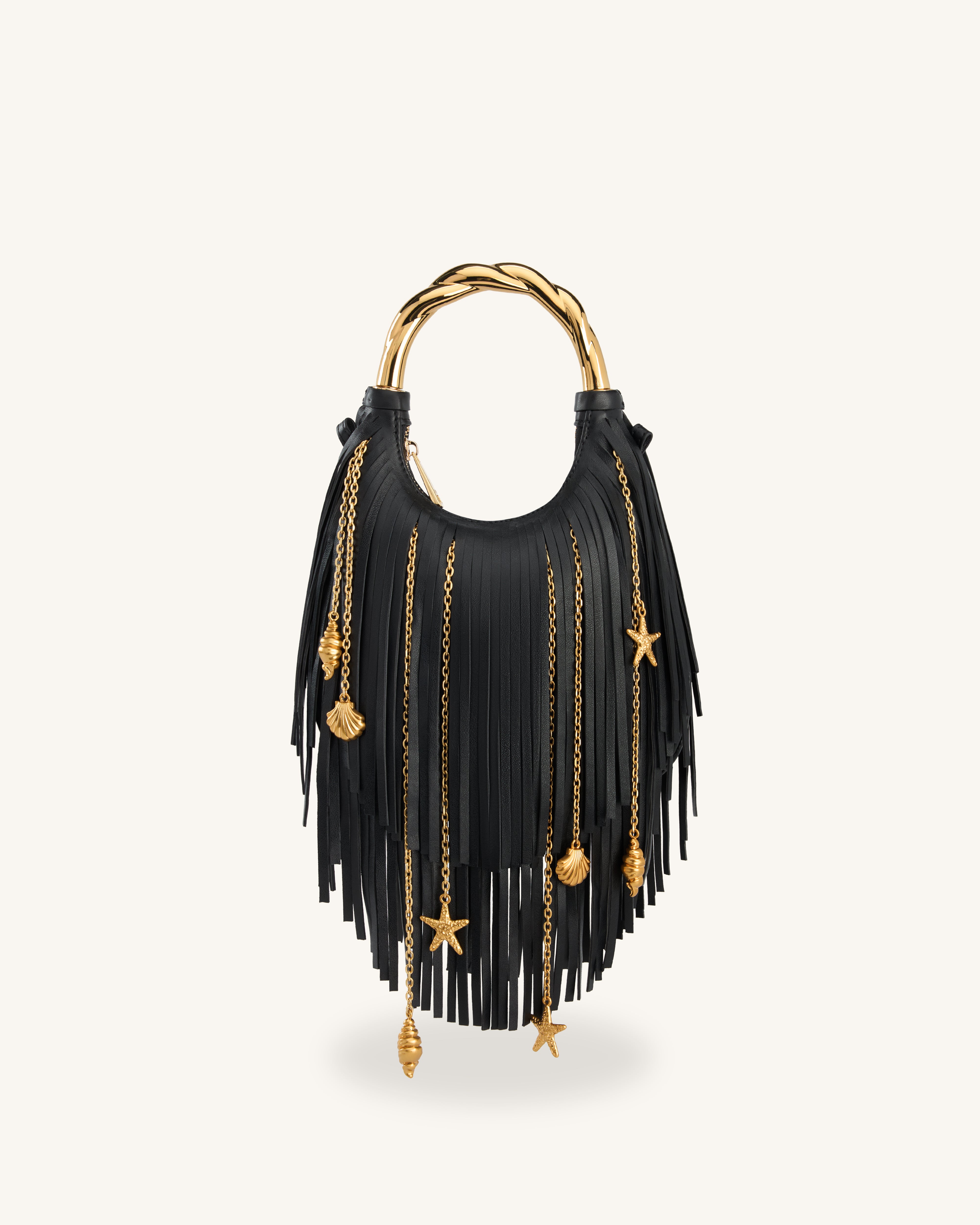 美品✨クロエ ショルダーバッグ フリンジ レザー ブラック エデン ゴールド金具 Chloe メタルハンドル フリンジ トップハンドバッグ - ブラック – JW