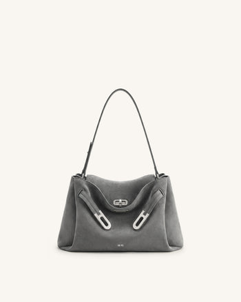 Rhea フェイクスエード ダブルバックル ショルダーバッグ - グレー