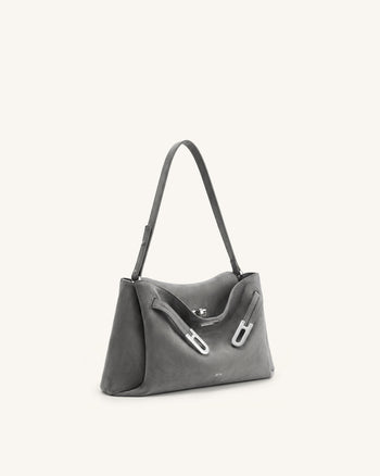 Rhea フェイクスエード ダブルバックル ショルダーバッグ - グレー