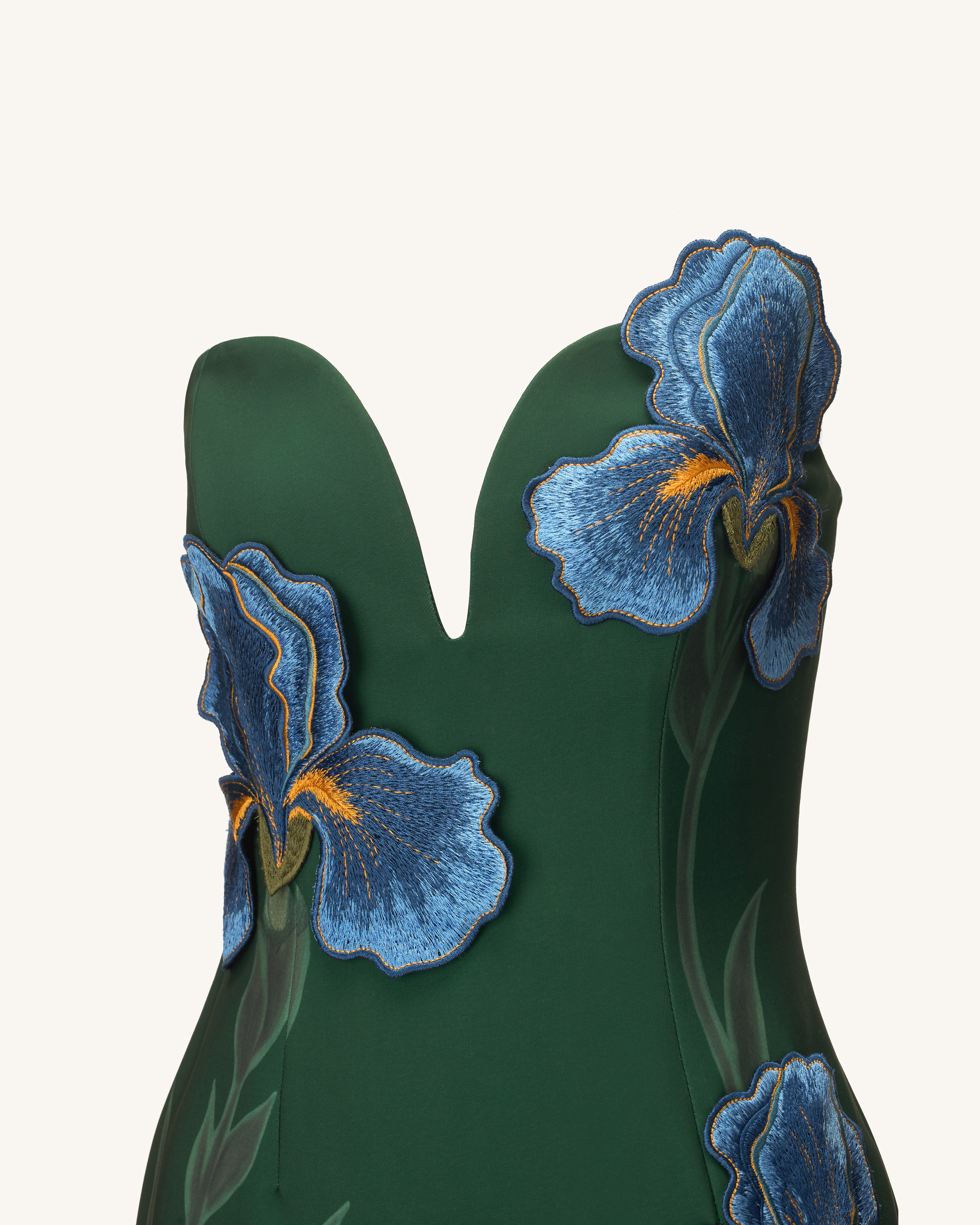 Iris 刺繍 ノッチネック ストラップレス マキシドレス - エメラルド