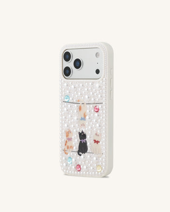 パール装飾 プレイフルキャット スマホケース - ホワイト