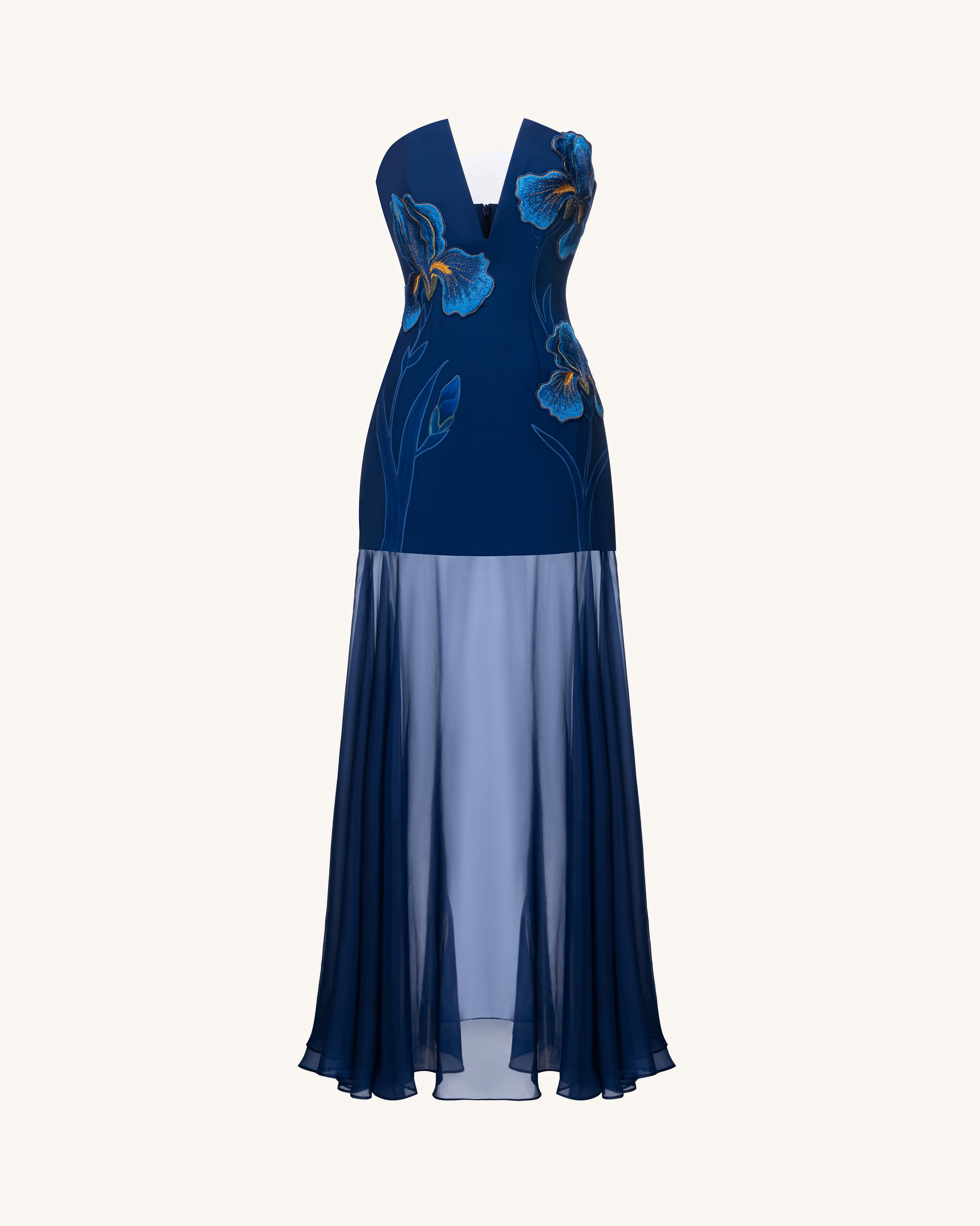 Iris 刺繍入りプランジシアーオーバーレイマキシドレス - ネイビー