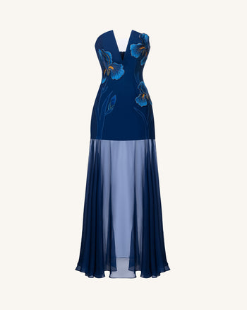 Iris 刺繍入りプランジシアーオーバーレイマキシドレス - ネイビーブルー
