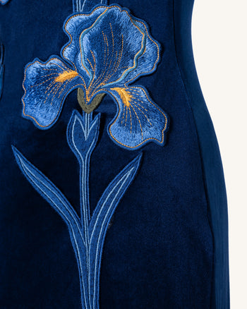 Iris 刺繍入りベルベットワンショルダーマキシドレス - ネイビーブルー
