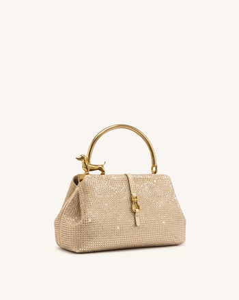 Bruna 人工クリスタル ダックスフント メタルハンドル トップハンドルバッグ - シャンパン