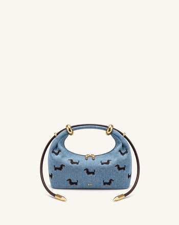 Ellie 刺繍入りメタルリング トップハンドルバッグ - ヴィンテージブルーデニム