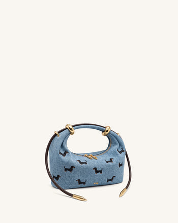 Ellie 刺繍入りメタルリング トップハンドルバッグ - ヴィンテージブルーデニム