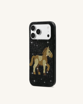 Golden 馬モチーフ 人工クリスタル スマホケース - ブラック