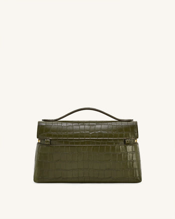 Thea クロコ型押しトップハンドルバッグ - オリーブグリーン