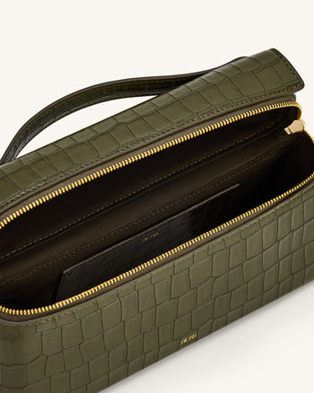 Thea クロコ型押しトップハンドルバッグ - オリーブグリーン