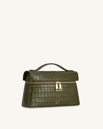Thea クロコ型押しトップハンドルバッグ - オリーブグリーン