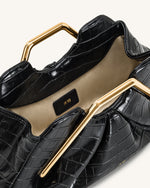 Lila クロコ型押し風 フェイクレザー メタルフレーム クラッチ - ブラック