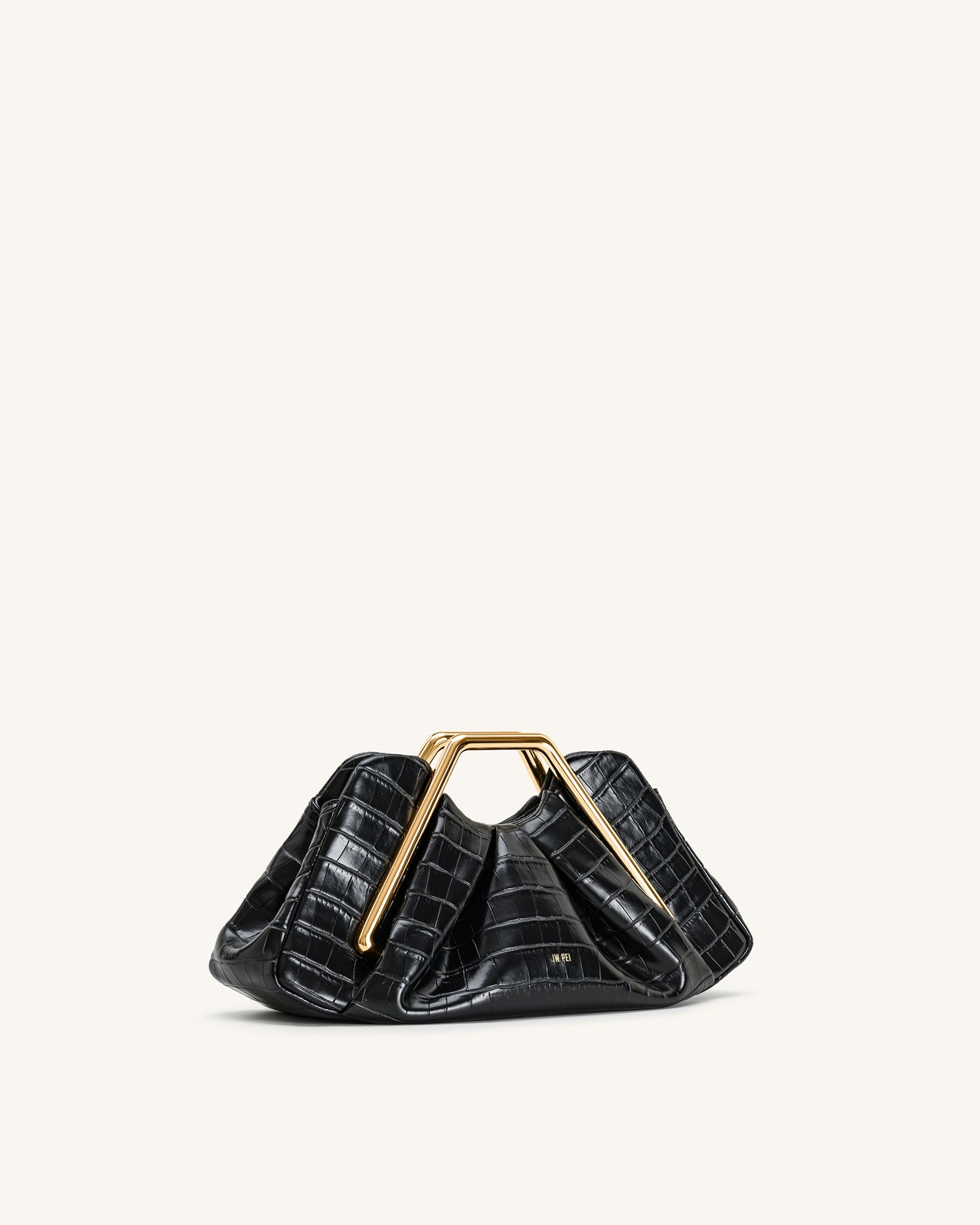 Lila クロコ型押し風 フェイクレザー メタルフレーム クラッチ - ブラック