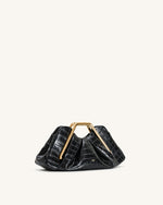 Lila クロコ型押し風 フェイクレザー メタルフレーム クラッチ - ブラック