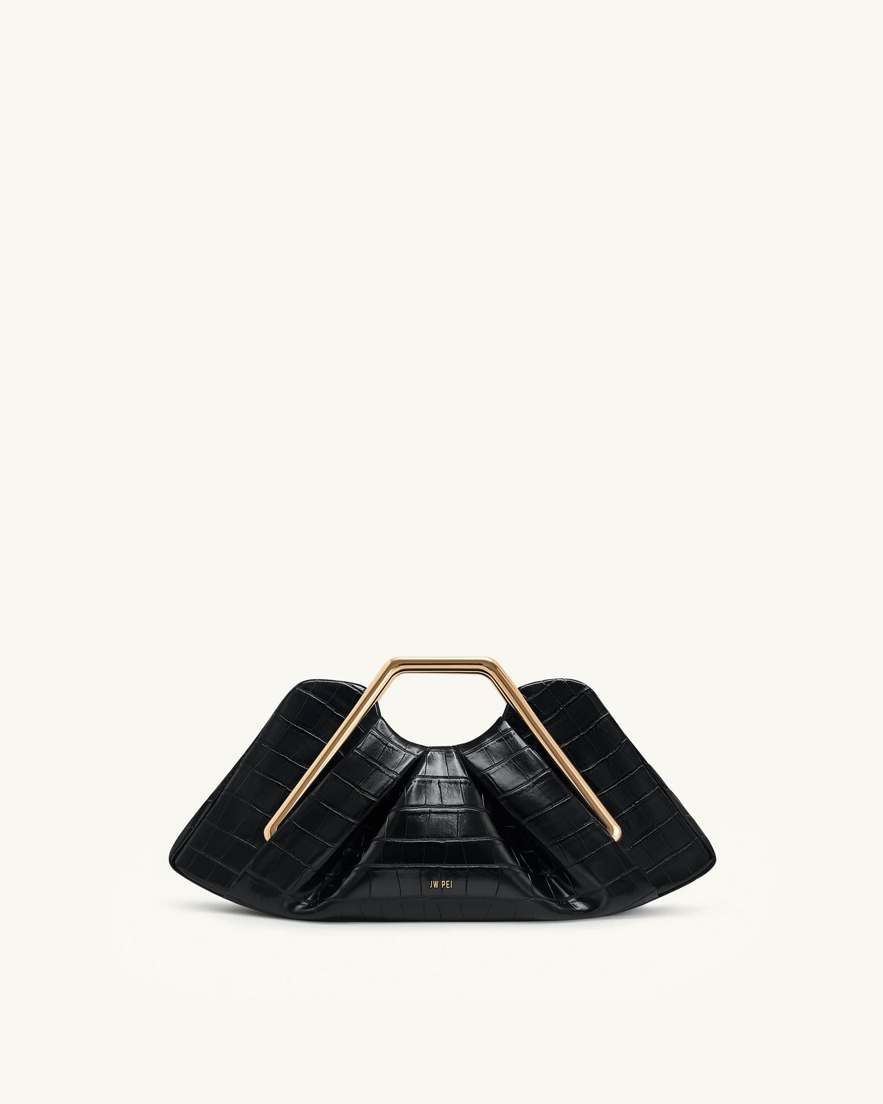 Lila クロコ型押し風 フェイクレザー メタルフレーム クラッチ - ブラック