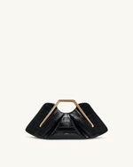 Lila クロコ型押し風 フェイクレザー メタルフレーム クラッチ - ブラック