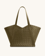 Kiana 大容量編み込みトートバッグ - ダークオリーブ
