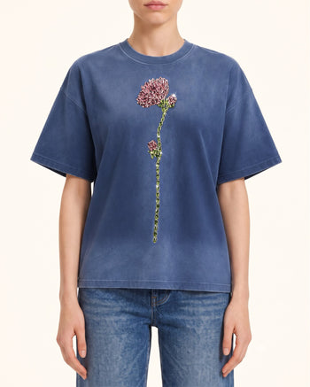 Essential ラインストーン ローズ アシッドウォッシュ ボクシー Tシャツ - ヴィンテージブルー