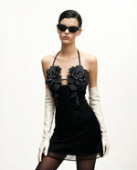 フラワー刺繍ミニドレス - ブラック