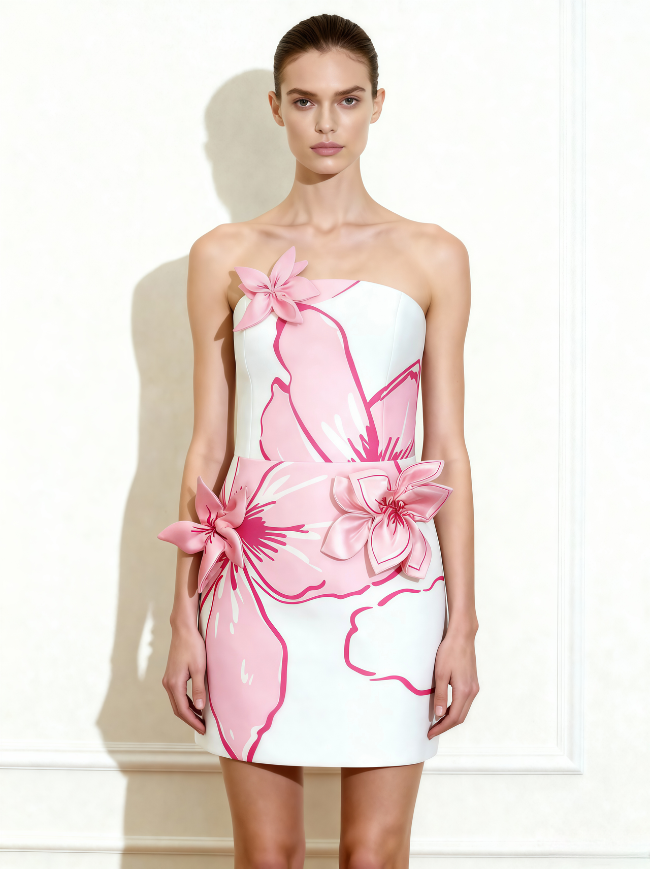 ピンクフラワーアップリケミニドレス - ホワイト/ピンク