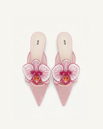 Helena 刺繍装飾 ピアスト ミュール - ピンク