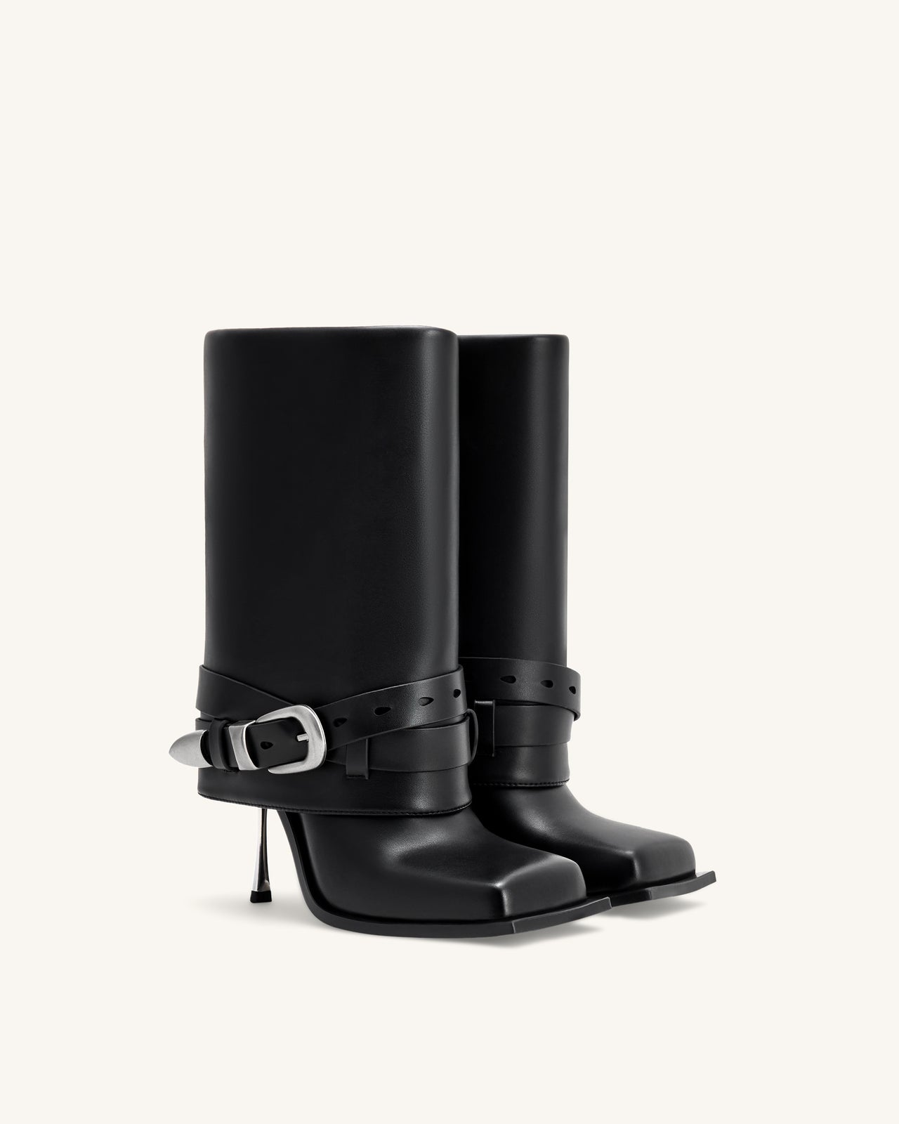 Emilia ウエスタンバックル付きレザースティレットブーツ - ブラック