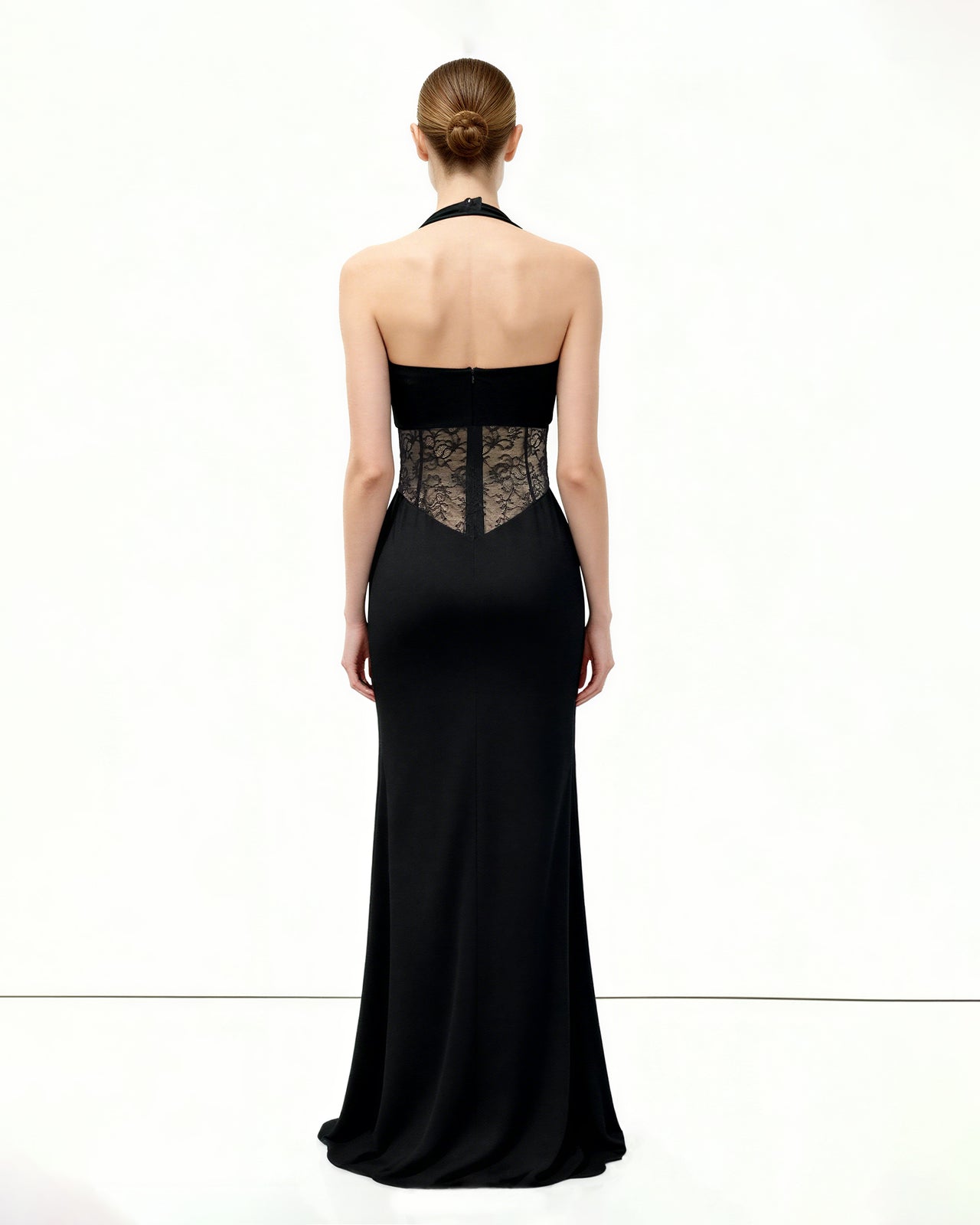 ルーシュレースパネルマキシドレス - ブラック